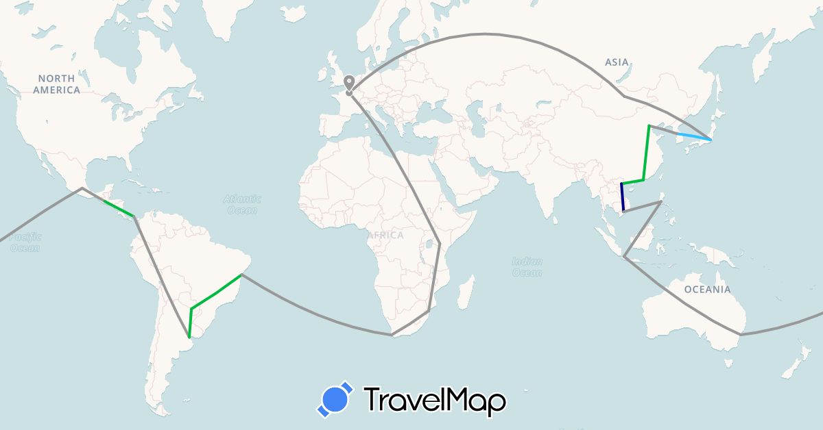 TravelMap itinerary: driving, bus, plane, boat in Argentina, Australia, Brazil, China, France, Guatemala, Indonesia, Japan, Kenya, South Korea, Mongolia, Mexico, Mozambique, Panama, Philippines, Paraguay, Vietnam, South Africa (Africa, Asia, Europe, North America, Oceania, South America)